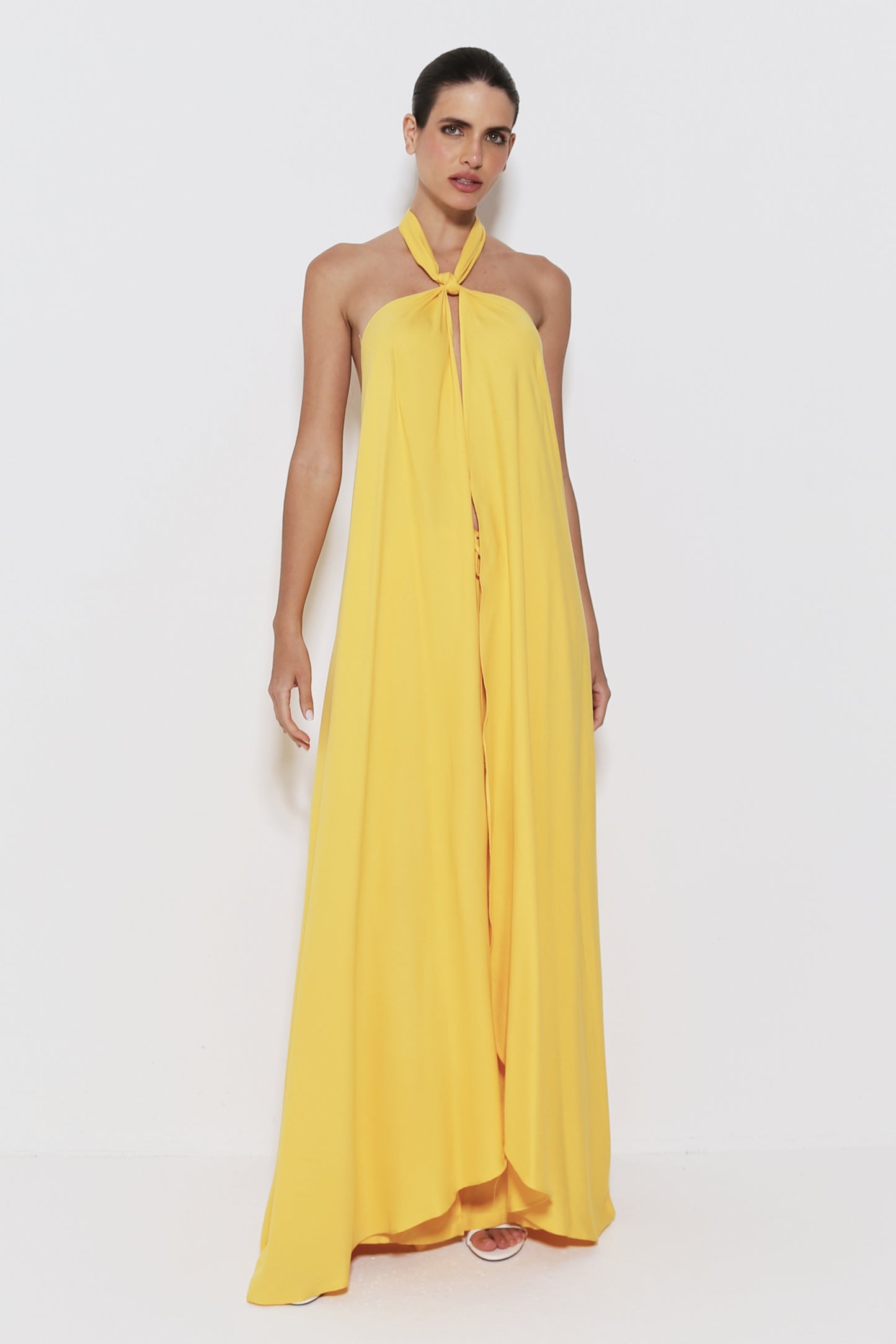 VESTIDO LONGO FRENTE UNICA COM ABERTURA FRONTAL AMARELO OURO