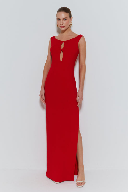 VESTIDO LONGO COM RECORTES MEIO BUSTO E FENDA LATERAL VERMELHO