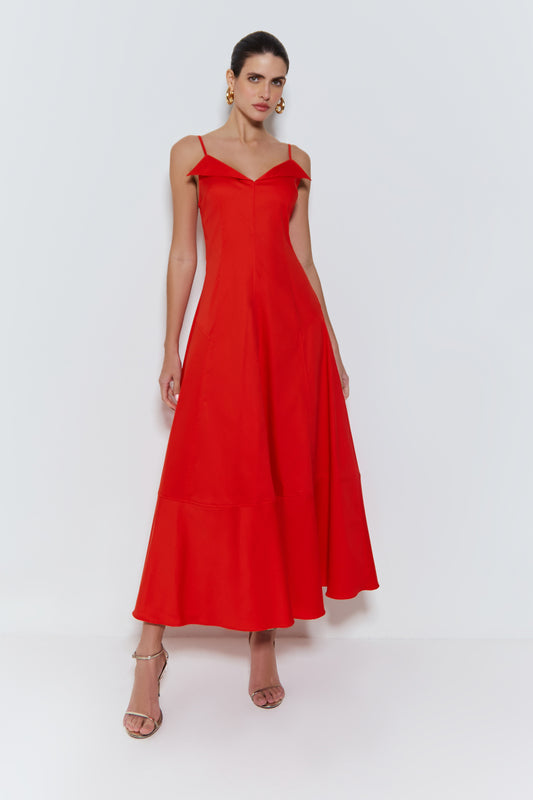 VESTIDO MIDI DE ALCA FINA E DETALHE NO DECOTE VERMELHO TOMATE