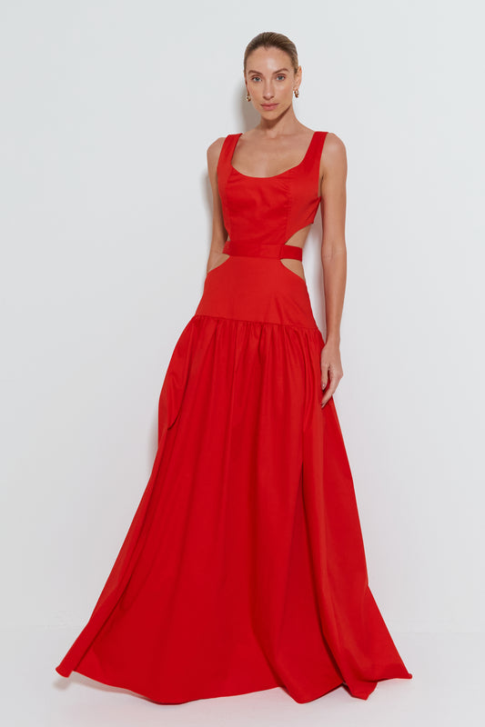 VESTIDO LONGO SAIA RODADA COM AMARRAÇÃO COSTAS VERMELHO TOMATE