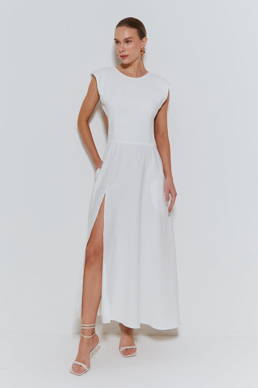 VESTIDO MIDI COM OMBREIRAS E ABERTURA NAS COSTAS OFF WHITE