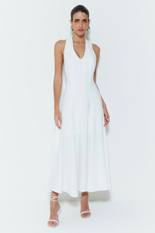 VESTIDO MIDI FRENTE UNICA COM BARRA AMPLA OFF WHITE