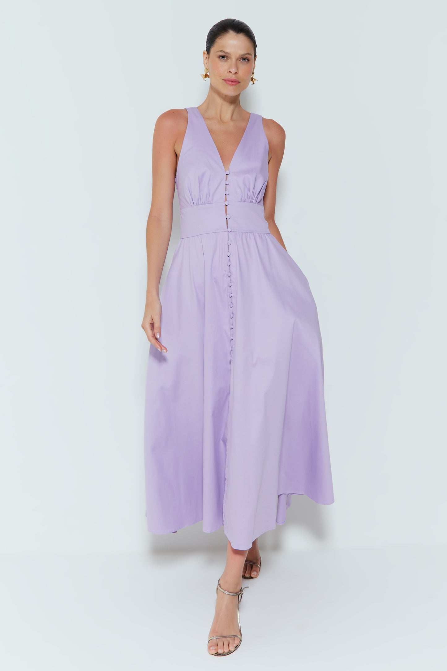 VESTIDO MIDI ACINTURADO COM BOTOES VISTA LILAS