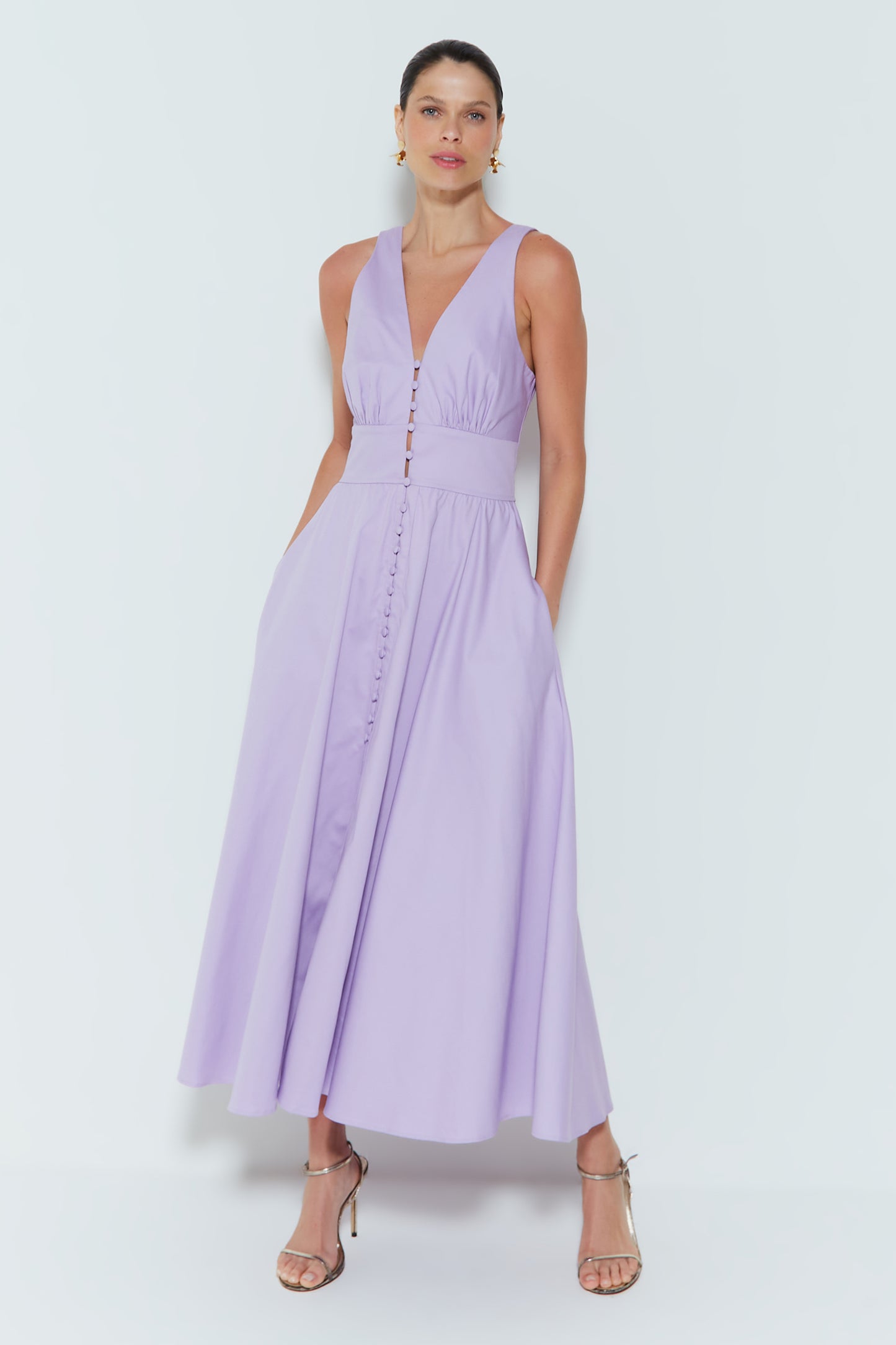 VESTIDO MIDI ACINTURADO COM BOTOES VISTA LILAS