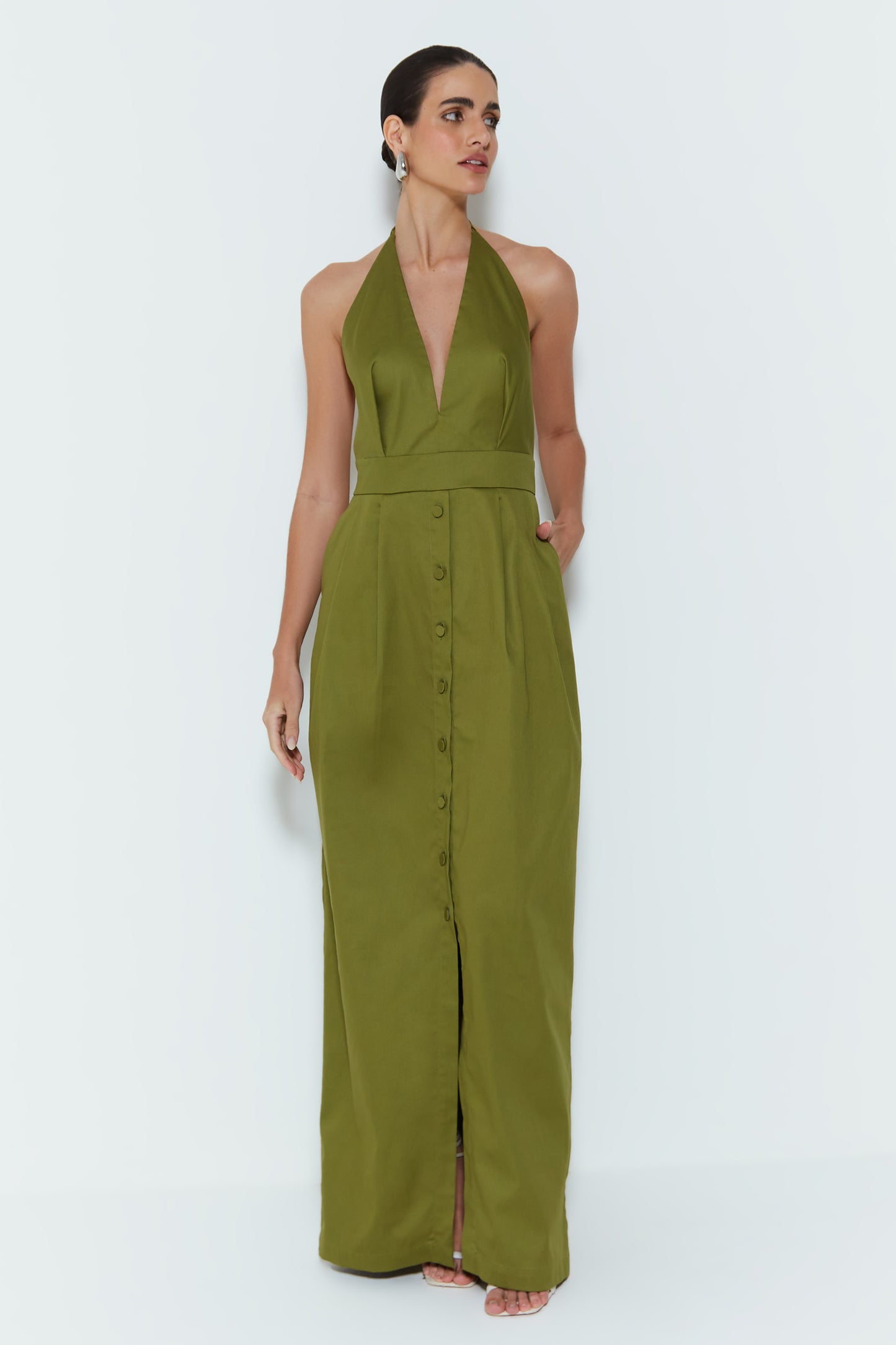 VESTIDO LONGO FRENTE UNICA ESTRUTURADO COM BOTOES VERDE MOSS