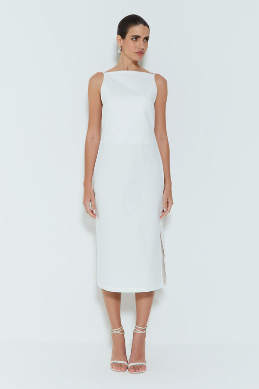 VESTIDO MIDI LISO FRENTE UNICA DECOTE RETO OFF WHITE