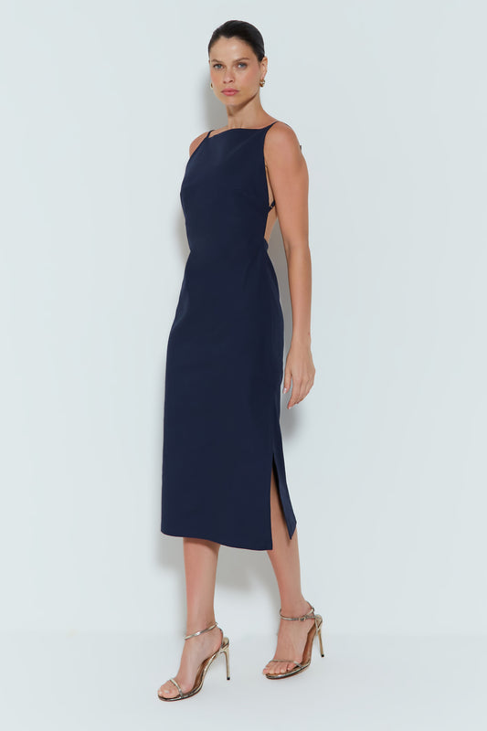 VESTIDO MIDI LISO FRENTE UNICA DECOTE RETO AZUL MARINHO