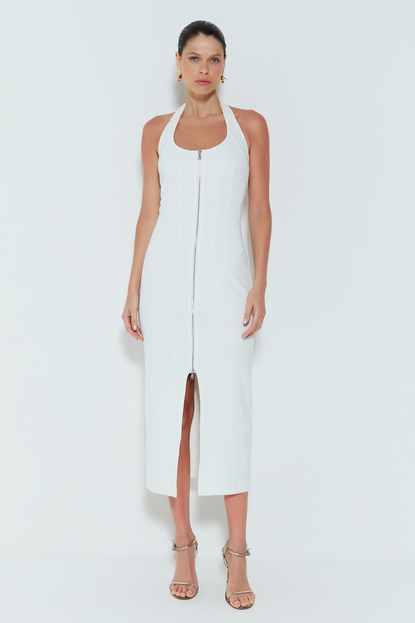 VESTIDO MIDI FRENTE UNICA COM ZIPER DUPLO OFF WHITE