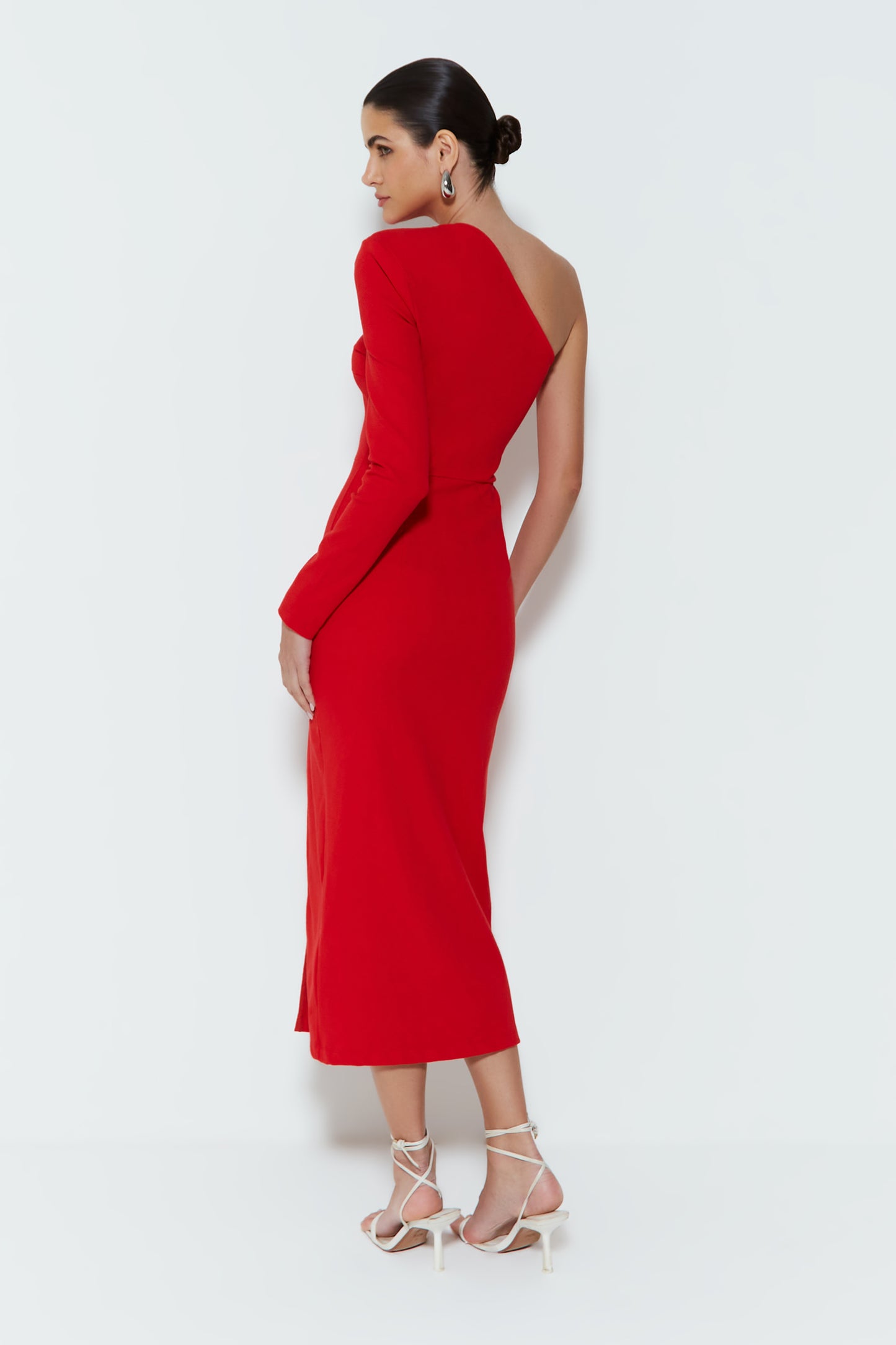 VESTIDO MIDI UM OMBRO SO COM FENDA LATERAL VERMELHO