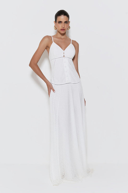 VESTIDO LONGO ALCA FINA EM TRICOT TELA OFF WHITE