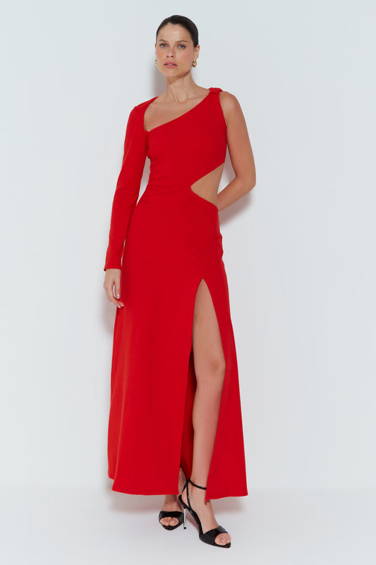 VESTIDO LONGO COM ABERTURA LATERAL E DETALHE NO OMBRO VERMELHO