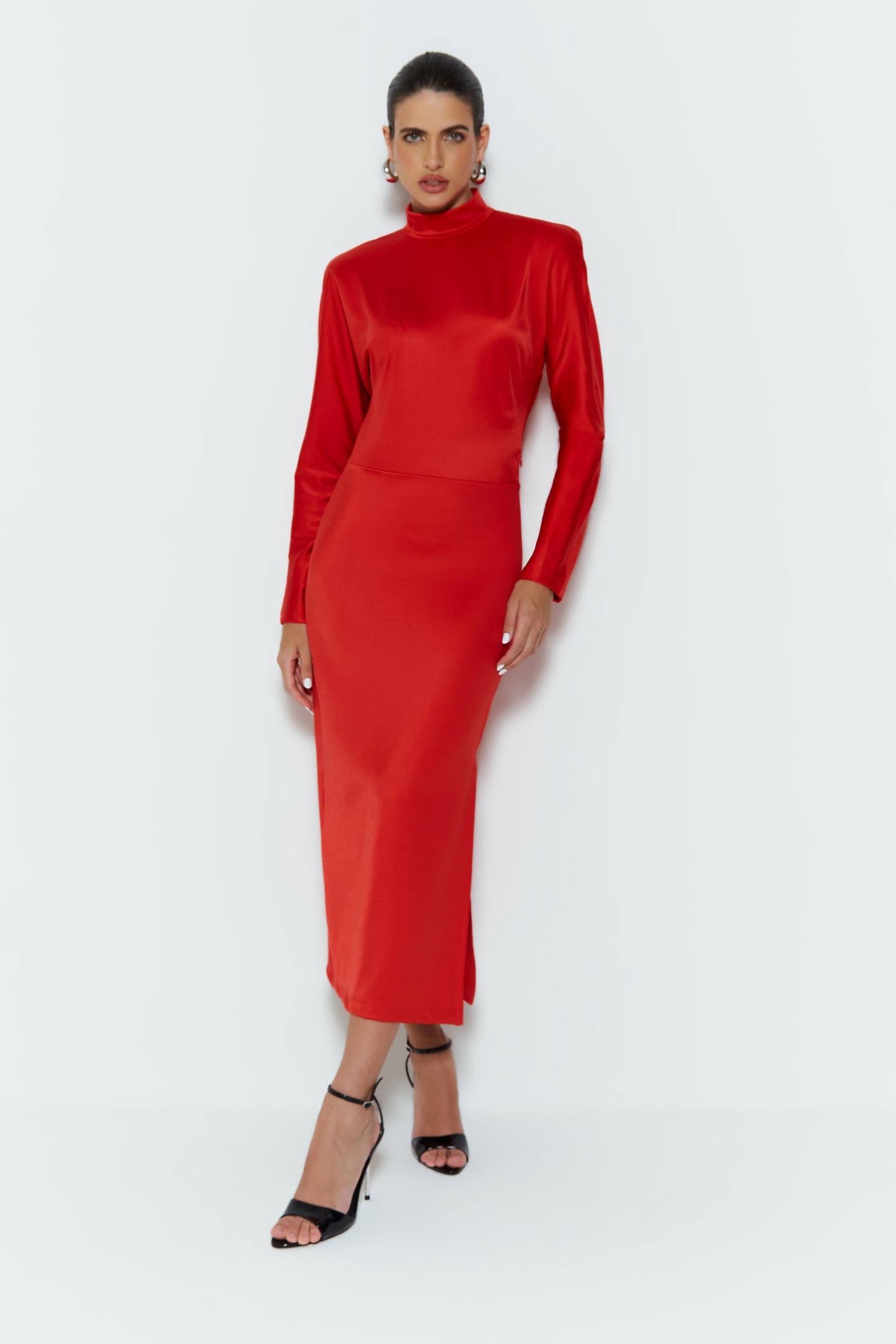 VESTIDO MIDI SCULPT GOLA ALTA E CAIMENTO COSTAS VERMELHO