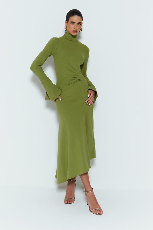 VESTIDO MIDI GOLA ALTA COM DETALHE LATERAL VERDE MOSS