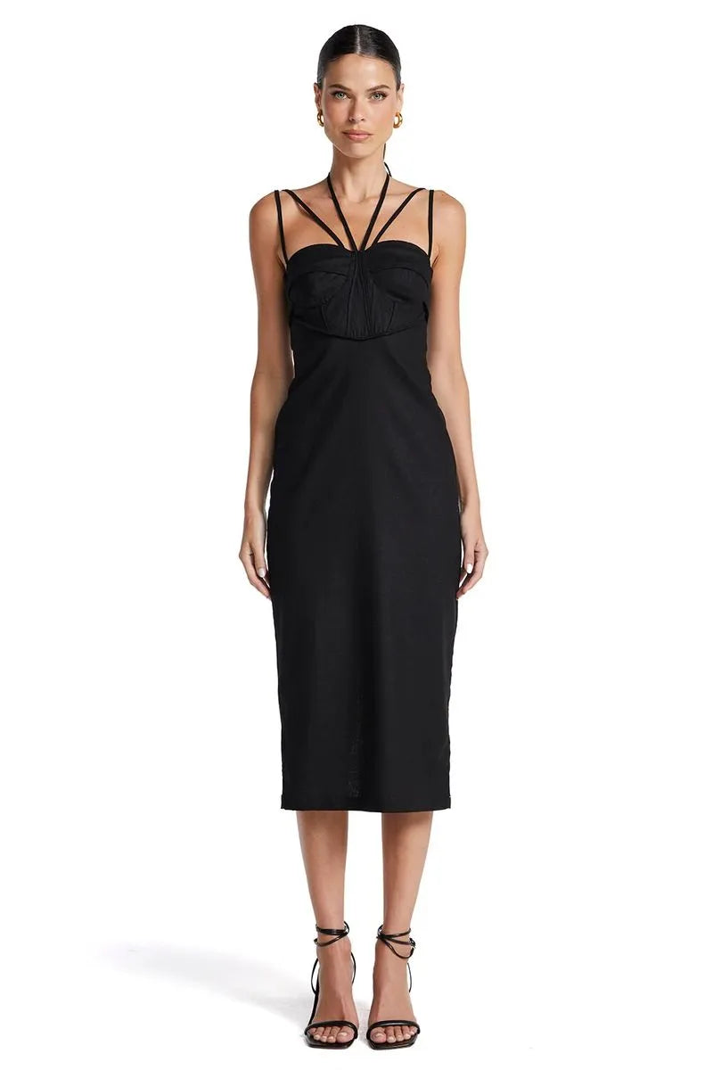 VESTIDO MIDI PESPONTO BUSTO PRETO