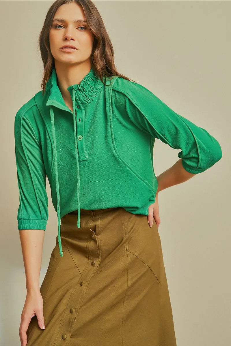 BLUSA MANGA LONGA COMFY COM FRISO E LASTEX NA GOLA VERDE