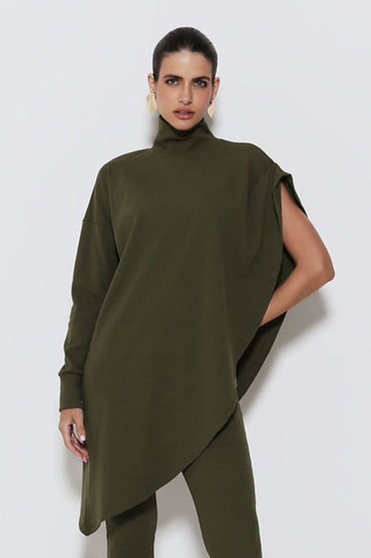 BLUSA GOLA ALTA UMA MANGA SO COM BARRA ASSIMETRICA VERDE MILITAR