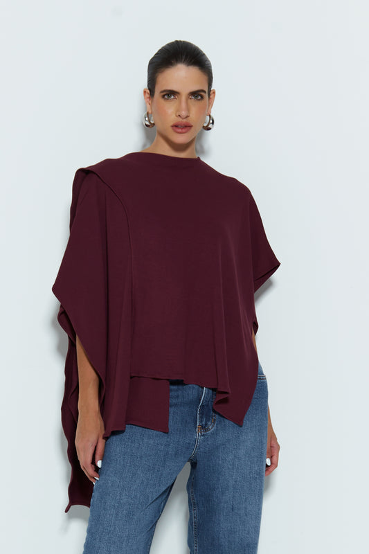 BLUSA MANGA CURTA PONCHO ASSIMETRICO VINHO