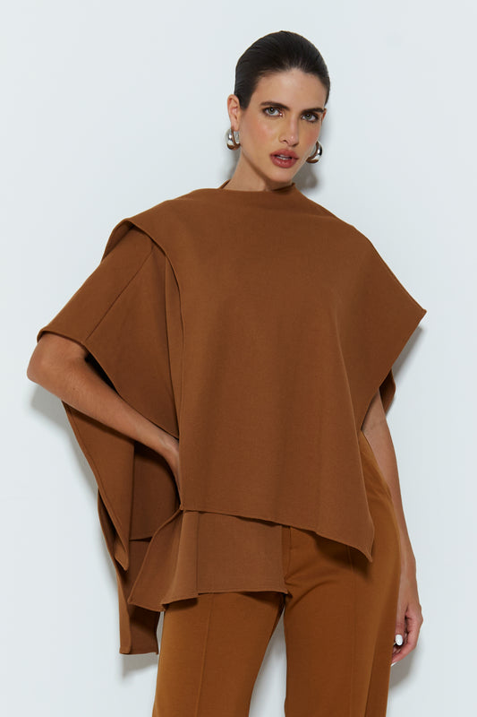 BLUSA MANGA CURTA PONCHO ASSIMETRICO MARROM CHOCOLATE