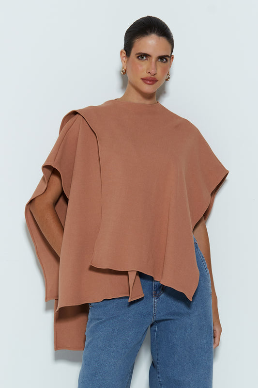 BLUSA MANGA CURTA PONCHO ASSIMETRICO MOCHA MOUSSE