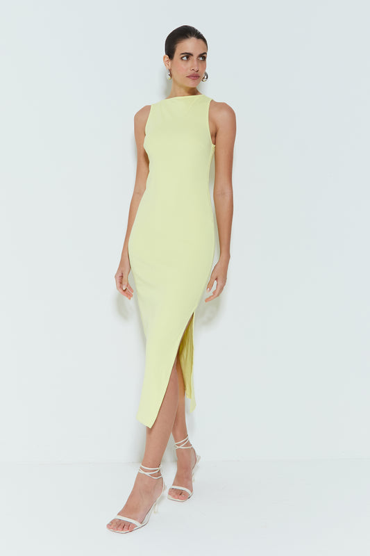 VESTIDO MIDI COM DECOTE QUADRADO E FENDA LATERAL AMARELO CITRUS